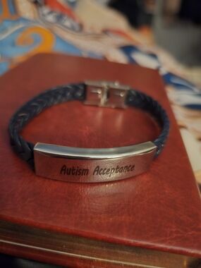 Autism Acceptance Braided Leather Bracelet with Stainless Steel Plate